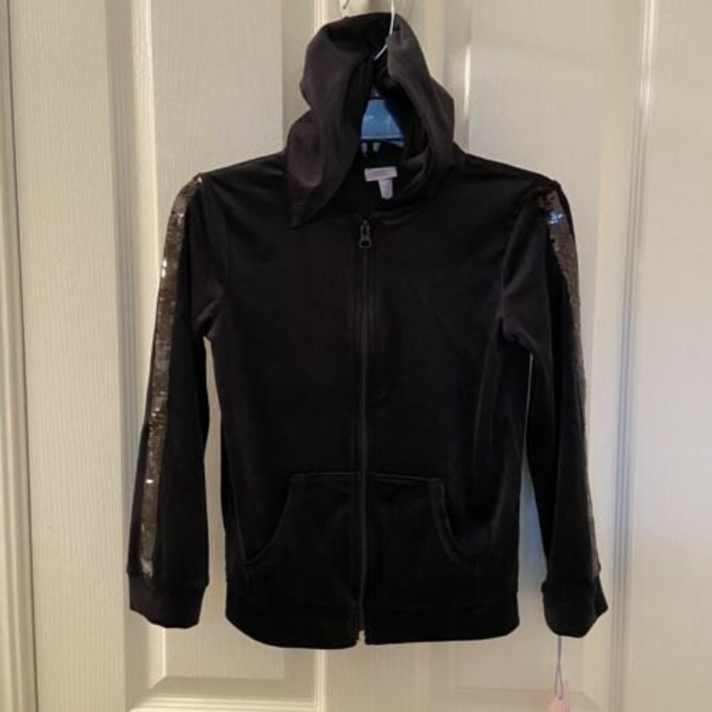 More Than Magic Black Velour Hoodie Jacket Sequin Stripe Girls Small 6-6X NWT